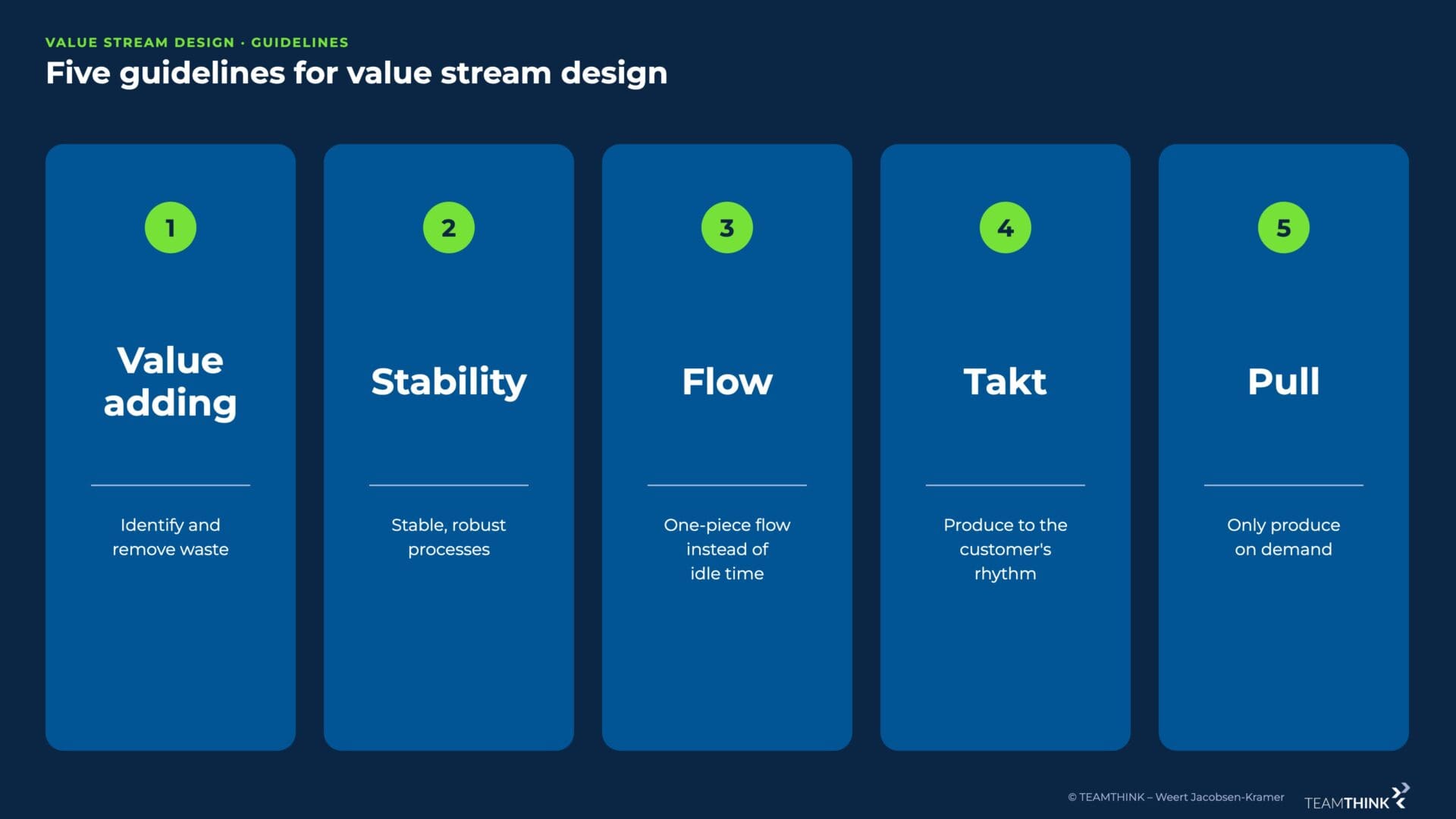 Five guidelines for value stream design: value creation, freedom from disruption, flow, takt, pull